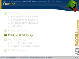 REST APIs Example Scenario Pitfalls of REST Design More Leveraging HTTP REST Examples

Outline
1 REST APIs

Identiﬁcation of Resources
Manipulation of Resources
Self-Descriptive Messages
HATEOAS
2 Example Scenario
3 Pitfalls of REST Design
4 More Leveraging HTTP

HTTP Status Codes
ETags  Optimistic Locking
5 REST Examples
Service-Oriented Architecture | Representational State Transfer (REST) and HATEOAS

46/84

 