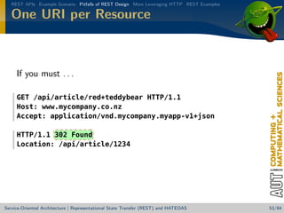 REST APIs Example Scenario Pitfalls of REST Design More Leveraging HTTP REST Examples

One URI per Resource

If you must . . .
GET /api/article/red+teddybear HTTP/1.1
Host: www.mycompany.co.nz
Accept: application/vnd.mycompany.myapp-v1+json
HTTP/1.1 302 Found
Location: /api/article/1234

Service-Oriented Architecture | Representational State Transfer (REST) and HATEOAS

53/84

 
