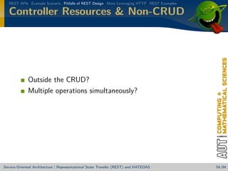 REST APIs Example Scenario Pitfalls of REST Design More Leveraging HTTP REST Examples

Controller Resources  Non-CRUD

Outside the CRUD?
Multiple operations simultaneously?

Service-Oriented Architecture | Representational State Transfer (REST) and HATEOAS

54/84

 