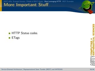 REST APIs Example Scenario Pitfalls of REST Design More Leveraging HTTP REST Examples

More Important Stuﬀ

HTTP Status codes
ETags

Service-Oriented Architecture | Representational State Transfer (REST) and HATEOAS

58/84

 