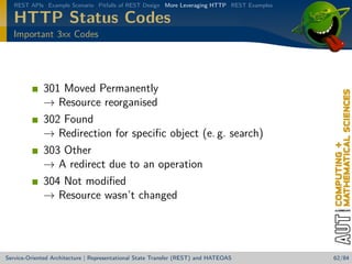 REST APIs Example Scenario Pitfalls of REST Design More Leveraging HTTP REST Examples

HTTP Status Codes
Important 3xx Codes

301 Moved Permanently
→ Resource reorganised
302 Found
→ Redirection for speciﬁc object (e. g. search)
303 Other
→ A redirect due to an operation
304 Not modiﬁed
→ Resource wasn’t changed

Service-Oriented Architecture | Representational State Transfer (REST) and HATEOAS

62/84

 