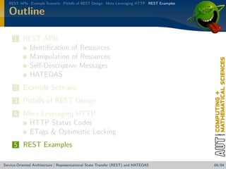 REST APIs Example Scenario Pitfalls of REST Design More Leveraging HTTP REST Examples

Outline
1 REST APIs

Identiﬁcation of Resources
Manipulation of Resources
Self-Descriptive Messages
HATEOAS
2 Example Scenario
3 Pitfalls of REST Design
4 More Leveraging HTTP

HTTP Status Codes
ETags  Optimistic Locking
5 REST Examples
Service-Oriented Architecture | Representational State Transfer (REST) and HATEOAS

69/84

 