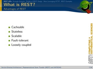 REST APIs Example Scenario Pitfalls of REST Design More Leveraging HTTP REST Examples

What is REST?
Advantages of REST

Cacheable
Stateless
Scalable
Fault-tolerant
Loosely coupled

Service-Oriented Architecture | Representational State Transfer (REST) and HATEOAS

7/84

 