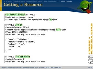 REST APIs Example Scenario Pitfalls of REST Design More Leveraging HTTP REST Examples

Getting a Resource
GET /articles/1234 HTTP/1.1
Host: www.mycompany.co.nz
Accept: application/vnd.mycompany.myapp-v1+json
HTTP/1.1 200 OK
Content-length: 12345
Content-type: application/vnd.mycompany.myapp-v1.0+json
ETag: 23709-12135125
Date: sun, 08 Aug 2013 12:34:56 NZST
{ name: Teddybear,
manufacturer: Steiff,
colour: red,
stock: 30,
...
}
HTTP/1.1 404 Not found
Content-length: 0
Date: sun, 08 Aug 2013 12:34:56 NZST
Service-Oriented Architecture | Representational State Transfer (REST) and HATEOAS

73/84

 