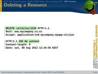 REST APIs Example Scenario Pitfalls of REST Design More Leveraging HTTP REST Examples

Deleting a Resource

DELETE /articles/1234 HTTP/1.1
Host: www.mycompany.co.nz
Accept: application/vnd.mycompany.myapp-v1+json
HTTP/1.1 204 No content
Content-length: 0
Date: sun, 08 Aug 2013 12:34:56 NZST

Service-Oriented Architecture | Representational State Transfer (REST) and HATEOAS

74/84

 