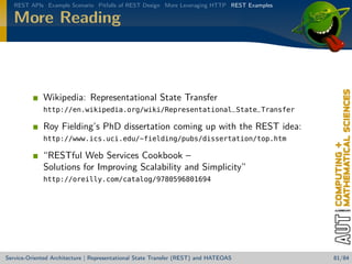 REST APIs Example Scenario Pitfalls of REST Design More Leveraging HTTP REST Examples

More Reading

Wikipedia: Representational State Transfer
http://en.wikipedia.org/wiki/Representational_State_Transfer

Roy Fielding’s PhD dissertation coming up with the REST idea:
http://www.ics.uci.edu/~fielding/pubs/dissertation/top.htm

“RESTful Web Services Cookbook –
Solutions for Improving Scalability and Simplicity”
http://oreilly.com/catalog/9780596801694

Service-Oriented Architecture | Representational State Transfer (REST) and HATEOAS

81/84

 