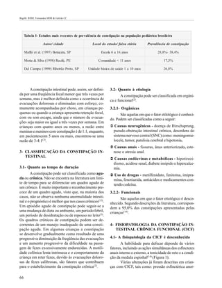 Bigélli RHM; Fernandes MIM & Galvão LC




     Tabe la I- Es tudos mais re ce nte s de pre valê ncia de cons tipação na população pe diátrica bras ile ira

                  Aut or/ ci dade                     Local do est udo/ fai xa et ári a       Preval ênci a de const i pação

     Maffei et al. (1997) Botucatu, SP                      Escola 6 a 16 anos                       28,8%- 38,4%

     Motta & Silva (1998) Recife, PE                      Comunidade < 11 anos                           17,5%

     Del Ciampo (1999) Ribeirão Preto, SP          Unidade básica de saúde 1 a 10 anos                   26,8%




      A constipação intestinal pode, assim, ser defini-            3.2- Quanto à etiologia
da por uma freqüência fecal menor que três vezes por                      A constipação pode ser classificada em orgâni-
semana, mas é melhor definida como a ocorrência de                 ca e funcional(2).
evacuações dolorosas e eliminadas com esforço, co-
mumente acompanhadas por choro, em crianças pe-                    3.2.1- Orgânicas
quenas ou quando a criança apresenta retenção fecal,                     São aquelas em que o fator etilológico é conheci-
com ou sem escape, ainda que o número de evacua-                   do. Podem ser classificadas como a seguir:
ções seja maior ou igual a três vezes por semana. Em
crianças com quatro anos ou menos, a razão entre                   Ü Causas neurogênicas - doença de Hirschsprung,
meninas e meninos com constipação é de 1:1, enquanto,                pseudo-obstrução intestinal crônica, desordens do
em pacientescom 5 anos ou mais, encontrou-se uma                     sistema nervoso central (SNC) como: meningomie-
razão de 3-4:1(3).                                                   locele, tumor, paralisia cerebral e hipotonia.
                                                                   Ü Causas anais - fissuras, ânus anteriorizado, este-
3- CLASSIFICAÇÃO DA CONSTIPAÇÃO IN-                                  nose e atresia anal.
   TESTINAL
                                                                   Ü Causas endócrinas e metabólicas - hipotireoi-
                                                                     dismo, acidose renal, diabete insípido e hipercalce-
3.1- Quanto ao tempo de duração                                      mia.
       A constipação pode ser classificada como agu-               Ü Uso de drogas - metilfenidato, fenitoína, imipra-
da ou crônica. Não se encontra na literatura um limi-                mina, fenotiazida, antiácidos e medicamentos con-
te de tempo para se diferenciar um quadro agudo de                   tendo codeína.
um crônico. É muito importante o reconhecimento pre-
coce de um quadro agudo, visto que, na maioria dos                 3.2.2- Funcionais
casos, não se observa nenhuma anormalidade intesti-                      São aquelas em que o fator etiológico é desco-
nal e o prognóstico é melhor que nos casos crônicos(13).           nhecido. Segundo descrições da literatura, correspon-
Um episódio agudo de constipação pode seguir-se a                  dem a 95,0% das constipações apresentadas pelas
uma mudança de dieta ou ambiente, um período febril,               crianças(14).
um período de desidratação ou de repouso no leito(3).
Os quadros crônicos de constipação podem ser de-
correntes de um manejo inadequado de uma consti-                   4- FISIOPATOLOGIA DA CONSTIPAÇÃO IN-
pação aguda. Em algumas crianças a constipação                        TESTINAL CRÔNICA FUNCIONAL (CICF)
se desenvolve gradualmente como resultado de uma
progressiva diminuição da freqüência das evacuações                4.1- A fisiopatologia da CICF é desconhecida
e um aumento progressivo da dificuldade na passa-                         A habilidade para defecar depende de vários
gem de fezes excessivamente endurecidas. A motili-                 fatores, incluindo as ações simultâneas dos esfíncteres
dade colônica lenta intrínseca e o comportamento da                anais interno e externo, a tonicidade do reto e a condi-
criança em reter fezes, devido às evacuações doloro-               ção da medula espinhal(14) (Figura 1).
sas de fezes calibrosas, são fatores que contribuem                       Várias alterações já foram descritas em crian-
para o estabelecimento da constipação crônica(2).                  ças com CICF, tais como: pressão esfinctérica anor-

66
 