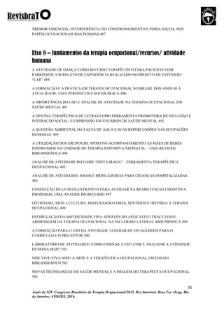 31
Anais do XIV Congresso Brasileiro de Terapia Ocupacional/2015. Rev.Interinst. Bras.Ter. Ocup. Rio
de Janeiro; ATOERJ, 2016.
TREMOR ESSENCIAL: INTERFERÊNCIA DO CONSTRANGIMENTO E FOBIA SOCIAL NOS
PAPÉIS OCUPACIONAIS DAS PESSOAS 487
Eixo 8 – fundamentos da terapia ocupacional/recursos/ atividade
humana
A ATIVIDADE DE DANÇA COMO RECURSO TERAPÊUTICO PARA PACIENTE COM
PARKINSON: UM RELATO DE EXPERIÊNCIA REALIZADO NO PROJETO DE EXTENSÃO
“LAR” 489
A FORMAÇÃO E A PRÁTICA EM TERAPIA OCUPACIONAL NO BRASIL DOS ANOS 80 À
ATUALIDADE: UMA PERSPECTIVA SOCIOLÓGICA 490
A IMPORTÂNCIA DO USO E ANÁLISE DE ATIVIDADE NA TERAPIA OCUPACIONAL EM
SAÚDE MENTAL 491
A OFICINA TERAPÊUTICA DE LETRAS COMO FERRAMENTA PROMOTORA DE INCLUSÃO E
INTERAÇÃO SOCIAL; E EXPRESSÃO EM USUÁRIOS DE SAÚDE MENTAL 492
A QUESTÃO AMBIENTAL DA FALTA DE ÁGUA E SUAS REPERCUSSÕES NAS OCUPAÇÕES
HUMANAS. 493
A UTILIZAÇÃO DOS GRUPOS DE APOIO NO ACOMPANHAMENTO ÀS MÃES DE BEBÊS
INTERNADOS NA UNIDADE DE TERAPIA INTENSIVA NEONATAL – UMA REVISÃO
BIBLIOGRÁFICA 494
ANÁLISE DE ATIVIDADE DO GAME “DIETA IRADA” – FERRAMENTA TERAPÊUTICA
OCUPACIONAL 495
ANÁLISE DE ATIVIDADES: JOGOS E BRINCADEIRAS PARA CRIANÇAS HOSPITALIZADAS
496
CONFECÇÃO DE LIVRO ILUSTRATIVO PARA AUXILIAR NA REABILITAÇAO COGNITIVA
EM IDOSOS: UMA ANÁLISE DO RECURSO 497
COTIDIANO, ARTE e CULTURA: MISTURANDO CORES, SENTIDOS E HISTÓRIA À TERAPIA
OCUPACIONAL 498
ESTIMULAÇÃO DA MOTRICIDADE FINA ATRAVÉS DO APLICATIVO TRACE LINES:
ABORDAGEM DA TERAPIA OCUPACIONAL NA ESCLEROSE LATERAL AMIOTRÓFICA 499
A FORMAÇÃO PARA O USO DA ATIVIDADE: O OLHAR DE ESTAGIÁRIOS PARA O
CURRÍCULO E O PRECEPTOR 500
LABORATÓRIO DE ATIVIDADES? COMO ENSINAR A ESTUDAR E ANALISAR A ATIVIDADE
HUMANA HOJE? 501
NISE VIVE,VIVA NISE! A ARTE E A TERAPÊUTICA OCUPACIONAL UM ENSAIO
BIBLIOGRÁFICO 502
NOVAS TECNOLOGIAS EM SAÚDE MENTAL E A IMAGEM DO TERAPEUTA OCUPACIONAL
503
 