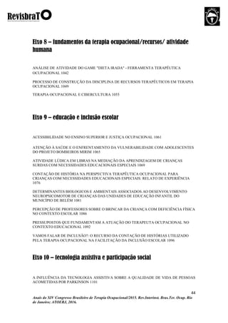 44
Anais do XIV Congresso Brasileiro de Terapia Ocupacional/2015. Rev.Interinst. Bras.Ter. Ocup. Rio
de Janeiro; ATOERJ, 2016.
Eixo 8 – fundamentos da terapia ocupacional/recursos/ atividade
humana
ANÁLISE DE ATIVIDADE DO GAME "DIETA IRADA" - FERRAMENTA TERAPÊUTICA
OCUPACIONAL 1042
PROCESSO DE CONSTRUÇÃO DA DISCIPLINA DE RECURSOS TERAPÊUTICOS EM TERAPIA
OCUPACIONAL 1049
TERAPIA OCUPACIONAL E CIBERCULTURA 1055
Eixo 9 – educação e inclusão escolar
ACESSIBILIDADE NO ENSINO SUPERIOR E JUSTIÇA OCUPACIONAL 1061
ATENÇÃO À SAÚDE E O ENFRENTAMENTO DA VULNERABILIDADE COM ADOLESCENTES
DO PROJETO BOMBEIROS MIRIM 1065
ATIVIDADE LÚDICA EM LIBRAS NA MEDIAÇÃO DA APRENDIZAGEM DE CRIANÇAS
SURDAS COM NECESSIDADES EDUCACIONAIS ESPECIAIS 1069
CONTAÇÃO DE HISTÓRIA NA PERSPECTIVA TERAPÊUTICA OCUPACIONAL PARA
CRIANÇAS COM NECESSIDADES EDUCACIONAIS ESPECIAIS: RELATO DE EXPERIÊNCIA
1076
DETERMINANTES BIOLOGICOS E AMBIENTAIS ASSOCIADOS AO DESENVOLVIMENTO
NEUROPSICOMOTOR DE CRIANÇAS DAS UNIDADES DE EDUCAÇÃO INFANTIL DO
MUNICÍPIO DE BELÉM 1081
PERCEPÇÃO DE PROFESSORES SOBRE O BRINCAR DA CRIANÇA COM DEFICIÊNCIA FÍSICA
NO CONTEXTO ESCOLAR 1086
PRESSUPOSTOS QUE FUNDAMENTAM A ATUAÇÃO DO TERAPEUTA OCUPACIONAL NO
CONTEXTO EDUCACIONAL 1092
VAMOS FALAR DE INCLUSÃO?: O RECURSO DA CONTAÇÃO DE HISTÓRIAS UTILIZADO
PELA TERAPIA OCUPACIONAL NA FACILITAÇÃO DA INCLUSÃO ESCOLAR 1096
Eixo 10 – tecnologia assistiva e participação social
A INFLUÊNCIA DA TECNOLOGIA ASSISTIVA SOBRE A QUALIDADE DE VIDA DE PESSOAS
ACOMETIDAS POR PARKINSON 1101
 