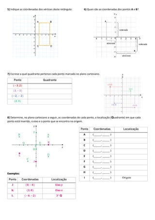 5) Indique as coordenadas dos vértices deste retângulo: 6) Quais são as coordenadas dos pontos A e B?
7) Escreve a qual quadrante pertence cada ponto marcado no plano cartesiano.
Ponto Quadrante
(−𝟑, 𝟐)
(𝟑, −𝟑)
(−𝟐, − 𝟐)
(𝟐, 𝟏)
8) Determine, no plano cartesiano a seguir, as coordenadas de cada ponto, a localização (Quadrante) em que cada
ponto está inserido, o eixo e o ponto que se encontra na origem.
Exemplos:
Ponto Coordenadas Localização
A (_____, _____ )
B (_____, _____ )
C (_____, _____ )
D (_____, _____ )
E (_____, _____ )
F (_____, _____ )
G (_____, _____ )
H (_____, _____ )
I (_____, _____ ) Origem
Ponto Coordenadas Localização
J (𝟎, −𝟒) Eixo 𝒚
K (𝟑, 𝟎) Eixo 𝒙
L (−𝟒, −𝟐) 𝟑° Q
 