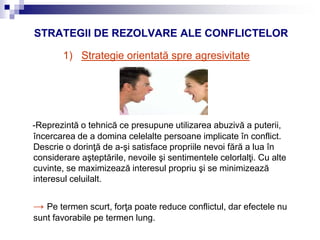 STRATEGII DE REZOLVARE ALE CONFLICTELOR
1) Strategie orientată spre agresivitate
-Reprezintă o tehnică ce presupune utilizarea abuzivă a puterii,
încercarea de a domina celelalte persoane implicate în conflict.
Descrie o dorinţă de a-şi satisface propriile nevoi fără a lua în
considerare aşteptările, nevoile şi sentimentele celorlalţi. Cu alte
cuvinte, se maximizează interesul propriu şi se minimizează
interesul celuilalt.
→ Pe termen scurt, forţa poate reduce conflictul, dar efectele nu
sunt favorabile pe termen lung.
 
