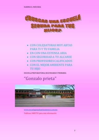 EUGENIA G. RIOS DZUL 
7 
 CON COLEJIATURAS MUY ABTAS 
PARA TI Y TU FAMILIA 
 EN CON UNA ESTENSA ARIA 
 CON SEGURIDAD A TU ALCANSE 
 CON PROFESORES CALIFICADOS 
 CON EL MEJOR AMBIENTE PARA 
TU HIJO 
ESCUELA PREPARATORIA, SEGUNDARIA Y PRIMARIA 
“Gonzalo prieta” 
www.escuelagonzalopriteamexico.com.mx 
Teléfono: 9485751 para más información 
 