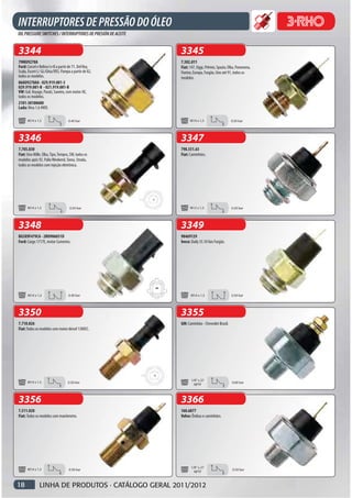3344                                                    3345
79MU9278A                                               7.502.811
Ford: Corcel e Belina I e II a partir de 71. Del Rey,   Fiat: 147, Oggi, Prêmio, Spazio, Elba, Panorama,
Scala, Escort L/ GL/Ghia/XR3, Pampa a partir de 82,     Fiorino, Europa, Furgão, Uno até 91, todos os
todos os modelos.                                       modelos.
86AU9278AA - 029.919.081-3
029.919.081-B - 021.919.081-B
VW: Gol, Voyage, Parati, Saveiro, com motor AE,
todos os modelos.
2101-38100600
Lada: Niva 1.6 4WD.

      M14 x 1,5                     0.40 bar                  M14 x 1,5                    0.50 bar




3346                                                    3347
7.705.830                                               798.551.65
Fiat: Uno Mille, Elba, Tipo, Tempra, SW, todos os       Fiat: Caminhões.
modelos após 92. Palio Weekend, Siena, Strada,
todos os modelos com injeção eletrônica.




      M14 x 1,5                      0.50 bar                 M12 x 1,5                    0.50 bar




3348                                                    3349
BG5X9F479CA - 2RO906051D                                98469129
Ford: Cargo 1717E, motor Cummins.                       Iveco: Daily 35.10 Van Furgão.




      M14 x 1,5                     0.40 bar                  M14 x 1,5                    0.50 bar




3350                                                    3355
7.710.826                                               GM: Caminhão - Chevrolet Brasil.
Fiat: Todos os modelos com motor diesel 1300CC.




                                                               1/8" x 27
      M14 x 1,5                     0.50 bar                                               0.60 bar
                                                                 NPTF



3356                                                    3366
7.511.028                                               160.6877
Fiat: Todos os modelos com manômetro.                   Volvo: Ônibus e caminhões.




                                                              1/8” x 27
      M14 x 1,5                     0.50 bar                                               0.50 bar
                                                                NPTF



18             LINHA DE PRODUTOS · CATÁLOGO GERAL 2011/2012
 