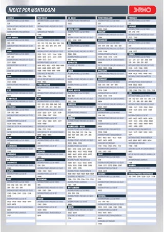 ÍNDICE POR MONTADORA
AGRALE                               FIAT ALLIS                                J.I. CASE                                 NEW HOLLAND                          TROLLER
INTERRUPTORES LUZ DE FREIO           INTERRUPTORES LUZ DE FREIO                INTERRUPTORES PNEUMÁTICOS                 INTERRUPTORES LUZ DE FREIO           INTERRUPTORES LUZ DE FREIO
320                                  314                                       5522                                      331                                  333
INTERRUPTORES PRESSÃO DO ÓLEO        INTERRUPTORES PRESSÃO DO ÓLEO                                                       INTERRUPTORES PRESSÃO DO ÓLEO        VALMET
3333 · 3337                          3394                                      JOHN DEERE                                3333 · 3340                          INTERRUPTORES LUZ DE FREIO
INTERRUPTORES PNEUMÁTICOS            SENSORES DE PRESSÃO                       INTERRUPTORES LUZ DE FREIO                NISSAN                               317 · 346 · 349
5522                                 7700                                      346                                       INTERRUPTORES PRESSÃO DO ÓLEO        INTERRUPTORES PRESSÃO DO ÓLEO
ALFA ROMEO                           FORD                                      INTERRUPTORES PRESSÃO DO ÓLEO             3384                                 3333 · 3392
INTERRUPTORES LUZ DE FREIO           INTERRUPTORES LUZ DE FREIO                3313 · 3330 · 3331                        PEUGEOT                              VALTRA
384 · 399                            311 · 312 · 313 · 316 · 318 · 326 · 336   KIA                                       INTERRUPTORES LUZ DE FREIO           INTERRUPTORES LUZ DE FREIO
INTERRUPTORES PRESSÃO DO ÓLEO        343 · 351 · 352 · 373 · 375 · 379         INTERRUPTORES LUZ DE FREIO                319 · 344 · 359 · 362 · 363 · 384    349
3367                                 381 · 386                                 392                                       INTERRUPTORES PRESSÃO DO ÓLEO        INTERRUPTORES PRESSÃO DO ÓLEO
AUDI                                 INTERRUPTORES PRESSÃO DO ÓLEO             INTERRUPTORES PRESSÃO DO ÓLEO             3395 · 3396                          3318 · 3377
INTERRUPTORES LUZ DE FREIO           3321 · 3322 · 3323 · 3324 · 3328          3380 · 3381                               INTERRUPTORES LUZ DE RÉ              VOLVO
357 · 367                            3334 · 3341 · 3343 · 3344 · 3348          INTERRUPTORES LUZ DE RÉ                   4429 · 4430 · 4443 · 4445            INTERRUPTORES LUZ DE FREIO
INTERRUPTORES PRESSÃO DO ÓLEO        3369 · 3372 · 3373                        4431 · 4463                               SENSORES ELETR. AR CONDICIONADO      327 · 329 · 337 · 361 · 368 · 369
3371 · 3385                          INTERRUPTORES LUZ DE RÉ                   KOMATSU                                   8806                                 378 · 389 · 390 · 391 · 407
INTERRUPTORES LUZ DE RÉ              4419 · 4422 · 4453 · 4455 · 4461· 4464    SENSORES DE PRESSÃO                       INT. DE PRESSÃO DIREÇÃO HIDRÁULICA   INTERRUPTORES PRESSÃO DO ÓLEO
4428                                 4465 · 4468 · 4469 · 4479 · 4487          7700                                      9903 · 9905 · 9906                   3326 · 3329 · 3366 · 3389
SENSORES ELETR. AR CONDICIONADO      4488 · 4489 · 4490 · 4491 · 4499          LADA                                      POCLAIN                              INTERRUPTORES LUZ DE RÉ
8806                                 SENSORES DE PRESSÃO                       INTERRUPTORES LUZ DE FREIO                INTERRUPTORES PRESSÃO DO ÓLEO        4414 · 4425 · 4447 · 4449 · 4457
CASE                                 7700 · 7704 · 7707                        372                                       3341                                 INTERRUPTORES PNEUMÁTICOS
INTERRUPTORES PRESSÃO DO ÓLEO        INT. DE PRESSÃO DIREÇÃO HIDRÁULICA        INTERRUPTORES PRESSÃO DO ÓLEO             RENAULT                              5597
3341 · 3398                          9901 · 9904                               3344                                      INTERRUPTORES LUZ DE FREIO           INTERRUPTORES TRANSFERÊNCIA
INTERRUPTORES PNEUMÁTICOS            FORD WILLYS                               INTERRUPTORES LUZ DE RÉ                   354 · 355 · 396 · 397 · 409          6618 · 6622 · 6633
5522                                 INTERRUPTORES LUZ DE FREIO                4412                                      INTERRUPTORES PRESSÃO DO ÓLEO        SENSORES DE PRESSÃO
CBT                                  350                                       LAND ROVER                                3376 · 3389                          7705 · 7706 · 7710 · 7711 · 7715 · 7720
INTERRUPTORES PRESSÃO DO ÓLEO        INTERRUPTORES PRESSÃO DO ÓLEO             INTERRUPTORES LUZ DE FREIO                INTERRUPTORES LUZ DE RÉ              VW
3333                                 3311                                      338 · 401                                 4426 · 4440 · 4445                   INTERRUPTORES LUZ DE FREIO
CHRYSLER                             GM                                        INTERRUPTORES PRESSÃO DO ÓLEO             SENSORES ELETR. AR CONDICIONADO      310 · 316 · 321 · 330 · 357 · 367 · 370
INTERRUPTORES PRESSÃO DO ÓLEO        INTERRUPTORES LUZ DE FREIO                3317 · 3391                               8804                                 375 · 379 · 380 · 381 · 400 · 408
3388                                 322 · 323 · 335 · 339 · 340 · 345         MAXION                                    INT. DE PRESSÃO DIREÇÃO HIDRÁULICA   INTERRUPTORES PRESSÃO DO ÓLEO
CITROEN                              347 · 371 · 376 · 387 · 398 · 404         INTERRUPTORES PRESSÃO DO ÓLEO             9903 · 9907                          3300 · 3327 · 3339 · 3344 · 3369
INTERRUPTORES LUZ DE FREIO           INTERRUPTORES PRESSÃO DO ÓLEO             3312                                      SCANIA                               3370 · 3371 · 3372 · 3373 · 3385
359 · 363 · 384                      3335 · 3355 · 3374 · 3375 · 3378          INTERRUPTORES DIVERSOS                    INTERRUPTORES LUZ DE FREIO           3387
INTERRUPTORES PRESSÃO DO ÓLEO        3379 · 3396 · 3397 · 3399                 1107                                      328 · 382                            INTERRUPTORES LUZ DE RÉ
3396                                 INTERRUPTORES LUZ DE RÉ                   MAZDA                                     INTERRUPTORES PRESSÃO DO ÓLEO        4411 · 4422 · 4423 · 4424 · 4428
INTERRUPTORES LUZ DE RÉ              4437 · 4452 · 4466 · 4470 · 4477          INTERRUPTORES PRESSÃO DO ÓLEO             3368                                 4439 · 4444 · 4456 · 4458 · 4460
4429 · 4443 · 4445                   4478 · 4480                               3381                                      INTERRUPTORES LUZ DE RÉ              4464 · 4467 · 4468 · 4469 · 4479
SENSORES ELETR. AR CONDICIONADO      SENSORES DE PRESSÃO                       MERCEDES - BENZ                           4418                                 4483 · 4488 · 4499
8806                                 7704 · 7717 · 7719                        INTERRUPTORES LUZ DE FREIO                INTERRUPTORES PNEUMÁTICOS            INTERRUPTORES PNEUMÁTICOS
INT. DE PRESSÃO DIREÇÃO HIDRÁULICA   SENSORES ELETR. AR CONDICIONADO           320 · 325 · 348 · 353 · 356 · 358         5556 · 5566                          5545 · 5577 · 5587 · 5592 · 5593
9905                                 8801 · 8802 · 8803                        360 · 364 · 365 · 366 · 374 · 388         INTERRUPTORES TRANSFERÊNCIA          5594
CNH                                  GMC                                       394 · 403                                 6611 · 6612 · 6613 · 6623 · 6626     INTERRUPTORES TRANSFERÊNCIA
INTERRUPTORES LUZ DE FREIO           INTERRUPTORES LUZ DE FREIO                INTERRUPTORES PRESSÃO DO ÓLEO             6627 · 6631 · 6632                   6615 · 6616 · 6617 · 6619 · 6624
314                                  339                                       3333 · 3386 · 3390                        SENSORES DE PRESSÃO                  SENSORES DE PRESSÃO
CUMMINS                              INTERRUPTORES LUZ DE RÉ                   INTERRUPTORES LUZ DE RÉ                   7701 · 7702 · 7703 · 7718 · 7721     7700 · 7709
INTERRUPTORES PRESSÃO DO ÓLEO        4468                                      4413 · 4414 · 4416 · 4417 · 4418          INTERRUPTORES DIVERSOS               SENSORES ELETR. AR CONDICIONADO
3393                                 GURGEL                                    4420 · 4421 · 4427 · 4432 · 4438          1101 · 1102 · 1103                   8807
DAEWOO                               INTERRUPTORES PRESSÃO DO ÓLEO             4441 · 4442 · 4450 · 4454 · 4457          SEAT                                 INT. DE PRESSÃO DIREÇÃO HIDRÁULICA
INTERRUPTORES LUZ DE FREIO           3390                                      4458 · 4472 · 4475 · 4481                 INTERRUPTORES LUZ DE FREIO           9902
376                                  HONDA                                     INTERRUPTORES PNEUMÁTICOS                 379                                  INTERRUPTORES DIVERSOS
DAIHATSU                             INTERRUPTORES LUZ DE FREIO                5500 · 5511 · 5522 · 5533 · 5544          INTERRUPTORES PRESSÃO DO ÓLEO        1106
INTERRUPTORES PRESSÃO DO ÓLEO        324 · 334                                 5545 · 5555 · 5588 · 5589 · 5590          3369 · 3371 · 3372 · 3385 · 3387     WABCO
3381                                 INTERRUPTORES PRESSÃO DO ÓLEO             5591 · 5595 · 5596                        INTERRUPTORES LUZ DE RÉ              INTERRUPTORES LUZ DE FREIO
EATON                                3380 · 3382 · 3384                        INTERRUPTORES TRANSFERÊNCIA               4428 · 4439                          353
INTERRUPTORES LUZ DE RÉ              INTERRUPTORES LUZ DE RÉ                   6620 · 6621 · 6625 · 6626 · 6628 · 6629   SUZUKI                               INTERRUPTORES INDUSTRIAIS
4464                                 4448                                      SENSORES DE PRESSÃO                       INTERRUPTORES LUZ DE FREIO           315 · 1104 · 3319 · 3320 · 3325 · 3338
FIAT                                 HYUNDAI                                   7708 · 7712 · 7713 · 7714 · 7722 · 7723   332
INTERRUPTORES LUZ DE FREIO           INTERRUPTORES LUZ DE FREIO                INTERRUPTORES DIVERSOS                    INTERRUPTORES PRESSÃO DO ÓLEO
341 · 342 · 344 · 372 · 377 · 383    405                                       1103 · 1105                               3380
384 · 385 · 393 · 399                INTERRUPTORES PRESSÃO DO ÓLEO             MITSUBISHI                                INTERRUPTORES LUZ DE RÉ
INTERRUPTORES PRESSÃO DO ÓLEO        3381 · 3383 · 3384                        INTERRUPTORES LUZ DE FREIO                4452
3345 · 3346 · 3347 · 3350 · 3356     INTERRUPTORES LUZ DE RÉ                   324 · 332 · 334
3374                                 4431                                      INTERRUPTORES PRESSÃO DO ÓLEO             TOYOTA
INTERRUPTORES LUZ DE RÉ              IVECO                                     3380                                      INTERRUPTORES LUZ DE FREIO
4433 · 4434 · 4435 · 4436 · 4445     INTERRUPTORES PRESSÃO DO ÓLEO             INTERRUPTORES LUZ DE RÉ                   332 · 395 · 402
4451 · 4474                          3342 · 3349                               4446                                      INTERRUPTORES PRESSÃO DO ÓLEO
SENSORES ELETR. AR CONDICIONADO      INTERRUPTORES LUZ DE RÉ                   MWM                                       3333 · 3335 · 3380 · 3381 · 3382
8805                                 4429 · 4459                               INTERRUPTORES PRESSÃO DO ÓLEO             INTERRUPTORES LUZ DE RÉ
INTERRUPTORES DIVERSOS               INTERRUPTORES TRANSFERÊNCIA               3332 · 3339                               4415 · 4471 · 4473
1107                                 6616                                      SENSORES DE PRESSÃO                       INTERRUPTORES TRANSFERÊNCIA
                                                                               7716                                      6614
                                                                                                                         SENSORES DE PRESSÃO
                                                                                                                         7704
 