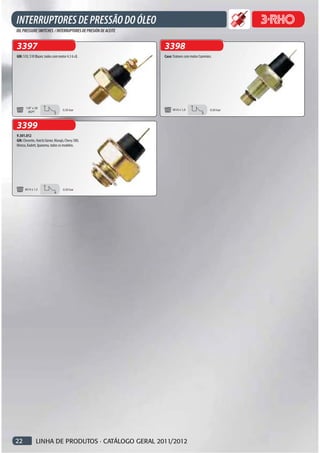 3397                                               3398
GM: S10, S10 Blazer, todos com motor 4.3 6 cil.    Case: Tratores com motor Cummins.




       1/8” x 28
                                   0.30 bar             M10 x 1,0                 0.50 bar
         BSPT



3399
9.301.012
GM: Chevette, Hatch/Júnior, Marajó, Chevy 500,
Monza, Kadett, Ipanema, todos os modelos.




      M14 x 1,5                    0.50 bar




22            LINHA DE PRODUTOS · CATÁLOGO GERAL 2011/2012
 