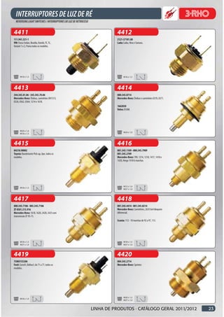 4411                                                        4412
111.941.521-1                                               2121-37101.80
VW: Fusca Sedan, Brasília, Kombi, TC, TL,                   Lada: Laika, Niva e Samara.
Variant 1 e 2, Puma todos os modelos.




       M18 x 1,5                                                  M16 x 1,5




4413                                                        4414
344.545.01.06 - 345.545.70.06                               000.545.8714
Mercedes-Benz: Ônibus, caminhões OH1313,                    Mercedes-Benz: Ônibus e caminhões 0370, 0371.
0326, 0362, 0364, 1214 e 1618.
                                                            1662830
                                                            Volvo: B10M.




       M24 x 1,0
                                                                  M24 x 1,0
       M18 x 1,5



4415                                                        4416
84210.98002                                                 001.545.1109 - 000.545.7909
Toyota: Bandeirante Pick-up, Jipe, todos os                 001.545.2709
modelos.                                                    Mercedes-Benz: 709, 1214, 1218, 1417, 1418 e
                                                            1420, Atego 1418 6 marchas.




                                                                  M12 x 1,0
       M18 x 1,5
                                                                  M27 x 1,0



4417                                                        4418
000.545.7106 - 005.545.7106                                 001.545.4414 - 001.545.8214
ZF 0501.313.916                                             Mercedes-Benz: Caminhões, 2635 6x4 bloqueio
Mercedes-Benz: 1618, 1620, 2428, 2423 com                   diferencial.
transmissão ZF 9S-75.
                                                            Scania: 112 - 10 marchas de 92 a 97, 113.




       M18 x 1,5                                                  M18 x 1,5
       M27 x 1,0                                                  M27 x 1,0



4419                                                        4420
75MU15520A                                                  004.545.2714
Ford: Corcel I, Belina I, de 71 a 77, todos os              Mercedes-Benz: Sprinter.
modelos.




                                                                  M30 x 1,5
       M18 x 1,0
                                                                  M27 x 1,0



                                                 LINHA DE PRODUTOS · CATÁLOGO GERAL 2011/2012               23
 