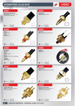 4441                                               4442
A001.545.1709 - A001.545.7409                      A.168.545.0114
Mercedes-Benz: 1620. 1621, 1720. 1938,             Mercedes-Benz: Classe A, todos.
Axor 2540. Todos. Ré/neutro/tucho.




      M20 x 1,5                                          M12 x 1,5




4443                                               4444
2257.52                                            081.941.521-1
Citröen: Picasso 2.0.                              VW: Todos os modelos com câmbio 4 marchas.
2257.59
Peugeot: 206 1.0.




      M14 x 1,5                                          M18 x 1,5




4445                                               4446
963.387.5680                                       MD 730709
Fiat: Ducato.                                      Mitsubshi: L200.
2257.53
Citröen: C3, Jumper.
2257.53
Peugeot: 206 1.4, 1.6, 307 1.6, 406 toda linha,
Boxer 2.8.
8200209496
Renault: Sandero.

      M14 x 1,5                                          M12 x 1,25




4447                                               4448
166 2926                                           28700-PWL-003
Volvo: EDC 96, câmbio ZF.                          Honda: Civic, Fit, câmbio mecânico e automático.




      M18 x 1,5                                          M18 x 1,5




4449                                               4450
166 2762 - 0501.311.807                            004.545.6114 - 0501.311.809
Volvo: N10, N12, câmbio ZF 16S 1300, 16S           Mercedes-Benz : Caminhões Acelo, 914, 914C,
1600, todos com câmbio ZF.                         eletrônico, com câmbio ZF modelo S42.




      M18 x 1,5                                          M18 x 1,5
      M27 x 1,0                                          M27 x 1,0



26            LINHA DE PRODUTOS · CATÁLOGO GERAL 2011/2012
 
