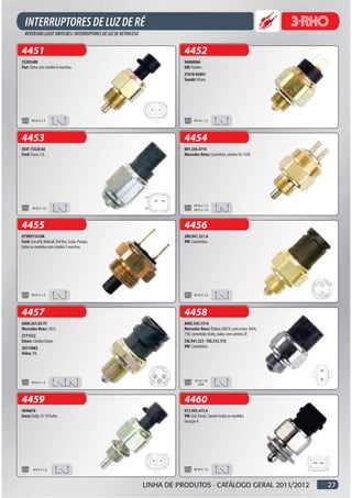 4451                                                           4452
55203408                                                       96068066
Fiat: Siena com câmbio 6 marchas.                              GM: Tracker.
                                                               37610-83001
                                                               Suzuki: Vitara.




       M18 x 1,5                                                     M14 x 1,5




4453                                                           4454
XS4T 15520 AA                                                  001.545.4714
Ford: Focus 2.0.                                               Mercedes-Benz: Caminhão, câmbio S6-1550.




                                                                     M18 x 1,5
       M16 x 1,0                                                     M27 x 1,0



4455                                                           4456
079NU15520A                                                    2R0.941.521.A
Ford: Corcel ll, Belinall, Del Rey, Scala, Pampa,              VW: Caminhões.
todos os modelos com câmbio 5 marchas.




       M18 x 1,5                                                     M18 x 1,5




4457                                                           4458
A000.261.03.91                                                 A005.545.7314
Mercedes-Benz: 2423.                                           Mercedes-Benz: Ônibus LO814, com motor 364A,
2771532                                                        710, caminhões Acelo, todos com câmbio ZF.
Eaton: Câmbio Eaton.                                           TJG.941.521 - TJG.312.115
20519883                                                       VW: Caminhões.
Volvo: VN.




                                                                      9/16”-18
       M16 x 1,5                                                        UNF



4459                                                           4460
4846676                                                        013.945.415.A
Iveco: Daily 35-10 Turbo .                                     VW: Gol, Parati, Saveiro todos os modelos
                                                               Geração 4.




        M14 x 1,5                                                    M18 x 1,5



                                                    LINHA DE PRODUTOS · CATÁLOGO GERAL 2011/2012              27
 