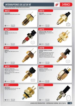 4472                                                         4473
A 631.545.0006                                               84210-12040
Mercedes-Benz: MB100, MB140, MB160, MB180.                   Toyota: Hilux SW4 3.0 (modelo antigo).




       M16 x 1,5                                                   M18 x 1,5




4474                                                         4475
46410523                                                     A004.545.611 40001 - 0501.216.473
Fiat: Doblo, Fiorino, Brava, Marea, Linea,                   Mercedes-Benz: Ônibus e caminhões, LO914,
Alfa Romeu.                                                  712C, 914C, 1215C.




                                                                   M18 x 1,5
       M14 x 1,5
                                                                   M27 x 1,0



4477                                                         4478
90.069.100                                                   90.245.033 - 90.482.454 - 93.329.852
GM: Monza, Hatch, Kadett, Ipanema, todos os                  93.717.60
modelos.                                                     GM: Celta, Corsa/Wind/Sedan/Super/GI/Wagon/
                                                             Pick-up, Calibra, Tigra, todos os modelos com
                                                             injeção eletrônica, Vectra a partir de 96, S10,
                                                             Blazer todos a partir de 2001, Meriva, Zafira,
                                                             Montana 1.4, 1.8, Prisma, Agile todos, Astra todos.




       M12 x 1,5                                                   M12 x 1,5




4479                                                         4480
547.941.521 - 020.945.415.A                                  15.566.155 - 07.316.598
VW: Apollo, Logus, Pointer, Golf 92/95 todos os              GM: Caminhões, 12.170, 14-190, 15-190,
modelos com injeção eletrônica.                              16-220, series A, C, D.
Ford: Escort, SW, Verona, todos os modelos com
injeção eletrônica.




       M12 x 1,5                                                   M14 x 2,0




4481                                                         4483
A003.545.1614                                                02T.945.415
Mercedes-Benz: LK1218, 1418, 1524, 1525, 1620,               VW: Fox, Gol G5.
1718, 1720, 1929, 1932, 1933, 1934.




       M18 x 1,5
                                                                   M12 x 1,5
       M27 x 1,0



                                                  LINHA DE PRODUTOS · CATÁLOGO GERAL 2011/2012                     29
 