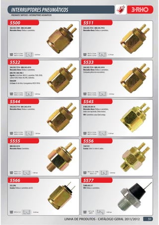 5500                                                           5511
364.545.7409 - 000.545.6009                                    344.545.7414 - 000.545.7914
Mercedes-Benz: Ônibus e caminhões.                             Mercedes-Benz: Ônibus e caminhões.




      M12 x 1,5 Int.                                                  M12 x 1,5 Int.
                                       0.30 bar                                                      5.70 bar
      M27 x 1,0 Ext.                                                  M24 x 1,0 Ext.



5522                                                           5533
344.545.7314 - 000.545.4314                                    344.545.7214 - 000.545.5414
Mercedes-Benz: Ônibus e caminhões.                             Mercedes-Benz: Ônibus e caminhões.
600.701.100.700.1                                              (Lâmpada piloto do reservatório).
Agrale: Ar do freio. MA 8.5, caminhão 7500, 8500,
cabine 9200, Volare A8, W8, Colômbia.
E064209
J.I.Case: Ar do freio. Carregadeiras W20 E W36.



      M12 x 1,5 Int.                                                  M12 x 1,5 Int.
                                       5.00 bar                                                       5.50 bar
      M24 x 1,0 Ext.                                                  M24 x 1,0 Ext.



5544                                                           5545
344.545.7114 - 001.545.4114                                    A 002.545.09.14
Mercedes-Benz: Ônibus e caminhões.                             Mercedes-Benz: Ônibus e caminhões,
                                                               todos com top break, (freio motor).
                                                               VW: Caminhões caixa Clark antigo.




      M12 x 1,5 Int.                                                  M12 x 1,5 Int.
                                       1.00 bar                                                      5.50 bar
      M24 x 1,0 Ext.                                                  M27 x 1,0 Ext.



5555                                                           5556
000.545.5214                                                   1361131
Mercedes-Benz: Caminhões.                                      Scania: Série 3 e série 4, todos.




      M10 x 1,0                                                       M12 x 1,5 - CON.
                                 1.00 bar                                                               5.00 bar
      M24 x 1,0                                                         M24 x 1,0



5566                                                           5577
532.296                                                        T.009.455.17
Scania: Ônibus e caminhões até 83.                             VW: Ônibus e caminhões.




                                                                      1/4" x 18
      M12 x 1,5                      0.40 bar                                                      4.00 bar
                                                                        NPTF



                                                    LINHA DE PRODUTOS · CATÁLOGO GERAL 2011/2012                   31
 