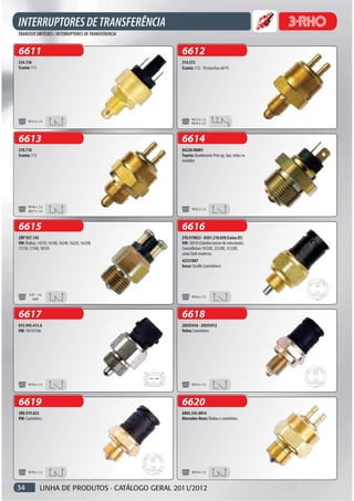 6611                                                6612
234.736                                             314.572
Scania: 111.                                        Scania: 112 - 10 marchas até 91.




                                                          M12 x 1,5
      M12 x 1,5
                                                          M24 x 1,0



6613                                                6614
370.710                                             84220.98001
Scania: 113.                                        Toyota: Bandeirante Pick-up, Jipe, todos os
                                                    modelos.




      M18 x 1,5
                                                          M25 x 1,5
      M27 x 1,0



6615                                                6616
2RP 927.145                                         2T0.919823 - 0501.210.058 (Caixa ZF)
VW: Ônibus, 14210, 16180, 16240, 16220, 16220l,     VW: 18310 (Câmbio/sensor de velocidade),
17210, 17340, 18310.                                Constellation 19320E, 25320E, 31320E,
                                                    caixa Clark moderno.
                                                    42531807
                                                    Iveco: Straills (caminhões).




      3/4” - 16
                                                          M18 x 1,5
        UNF



6617                                                6618
013.945.415.A                                       20593416 - 20593412
VW: 18310 Titã.                                     Volvo: Caminhões.




      M18 x 1,5                                           M16 x 1,5




6619                                                6620
2R0.919.823                                         A005.545.0014
VW: Caminhões.                                      Mercedes-Benz: Ônibus e caminhões.




      M18 x 1,5                                           M18 x 1,5



34             LINHA DE PRODUTOS · CATÁLOGO GERAL 2011/2012
 