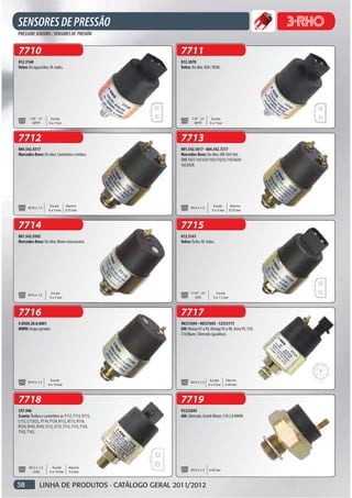 7710                                               7711
812.5160                                           813.3070
Volvo: Da água/óleo, NL todos.                     Volvo: Do óleo. B58 / B58E.




       1/8” - 27     Escala                               1/8" - 27     Escala
         NPTF       0 a 7 bar                               NPTF       0 a 7 bar



7712                                               7713
004.542.4317                                       001.542.5617 - 684.542.7217
Mercedes-Benz: Do óleo. Caminhões e ônibus.        Mercedes-Benz: Do óleo, OM 364/366,
                                                   OMC1421/1421LN/1425/1425L/1425ALN/
                                                   1625ALN.




                     Escala      Alarme                                  Escala        Alarme
      M18 x 1,5                                          M14 x 1,5
                    0 a 5 bar    0.25 bar                               0 a 5 bar      0.25 bar



7714                                               7715
001.542.9302                                       812.5161
Mercedes-Benz: Do óleo. Motor estacionário.        Volvo: Turbo, NL todos.




                     Escala                              7/16” - 24        Escala
      M14 x 1,5
                    0 a 5 bar                               UNS          0 a 1.5 bar



7716                                               7717
9.0569.20.0.0081                                   90337694 - 90337695 - 12553175
MWM: Grupo gerador.                                GM: Monza 91 a 94, Omega 93 a 98, Astra 95, S10,
                                                   S10 Blazer, Silverado (gasolina).




                     Escala                                            Escala       Alarme
      M14 x 1,5                                          M14 x 1,5
                   0 a 10 bar                                         0 a 5 bar     0.40 bar



7718                                               7719
397.946                                            93322045
Scania: Ônibus e caminhões ar, F112, F113, K113,   GM: Silverado, Grand-Blazer, S10 2.8 MWM.
L113, L113CLL, P114, P124, R112, R113, R114,
R124, R142, R143, S112, S113, T112, T113, T124,
T142, T143.




       M12 x 1,5      Escala       Alarme
                    0 a 10 bar                           M14 x 1,5    0.40 bar
        CON.                       5.0 bar



38            LINHA DE PRODUTOS · CATÁLOGO GERAL 2011/2012
 