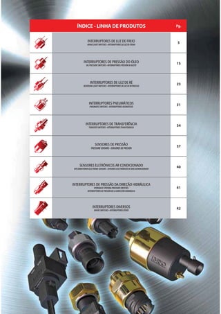 ÍNDICE - LINHA DE PRODUTOS                     Pg.



         INTERRUPTORES DE LUZ DE FREIO           5




      INTERRUPTORES DE PRESSÃO DO ÓLEO           15




          INTERRUPTORES DE LUZ DE RÉ             23




         INTERRUPTORES PNEUMÁTICOS               31




       INTERRUPTORES DE TRANSFERÊNCIA            34




             SENSORES DE PRESSÃO                 37




    SENSORES ELETRÔNICOS AR CONDICIONADO         40



INTERRUPTORES DE PRESSÃO DA DIREÇÃO HIDRÁULICA
                                                 41




           INTERRUPTORES DIVERSOS                42
 