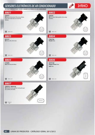 SENSORES ELETRÔNICOS DE AR CONDICIONADO
8801                                                 8802
22634172                                             22664328
GM: Todos os Corsas novos, Pick-up Corsa, Meriva,    GM: S10 (todos), Blazer gasolina, Vectra antigo
Celta, Classic Sedan todos com motor VHC,            (brasileiro).
Montana.




        M10 x 1,25                                           M10 x 1,25




8803                                                 8804
09131721                                             7700417506
GM: Astra, Zafira, Vectra novo.                      Renault: Todos.




        M10 x 1,25                                           M10 x 1,25




8805                                                 8806
51768498                                             9647971280
Fiat: Todos flex exceto Marea.                       Peugeot /Citroen: Todos.
                                                     Audi: Todos.




        M10 x 1,25                                           M10 x 1,25




8807
1JO959126 - 1KO929126A
VW: Polo/Polo Sedan (gas/flex), Fox/Spacefox (gas/
flex), Golf flex, New Beetle.




       7/16” - 20
         UNF




40             LINHA DE PRODUTOS · CATÁLOGO GERAL 2011/2012
 