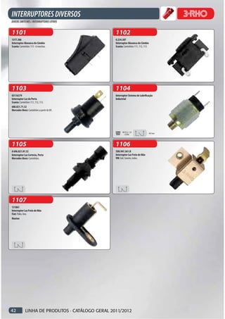 1101                                              1102
1377.386                                          0.234.387
Interruptor Alavanca do Câmbio                    Interruptor Alavanca do Câmbio
Scania: Caminhões 113 - 6 marchas.                Scania: Caminhões 111, 112, 113.




1103                                              1104
03116379                                          Interruptor Sistema de Lubrificação
Interruptor Luz da Porta                          Industrial
Scania: Caminhões 111, 112, 113.
688.821.71.52
Mercedes-Benz: Caminhões a partir de 89.




                                                        M10 x 1,0                    40 bar
                                                         CON.



1105                                              1106
A 696.821.01.52                                   5U0.947.561.B
Interruptor Luz Cortesia, Porta                   Interruptor Luz Freio de Mão
Mercedes-Benz: Caminhões.                         VW: Gol, Saveiro, todos.




1107
131861
Interruptor Luz Freio de Mão
Fiat: Palio, Uno.
Maxion




42           LINHA DE PRODUTOS · CATÁLOGO GERAL 2011/2012
 