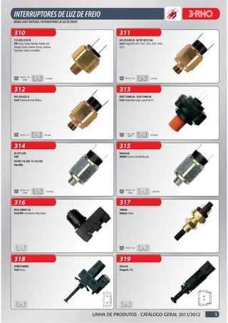 310                                                      311
113.945.515C/H                                           441.014.025.0 - 96 TU-18737.AA
VW: Fusca Sedan, Brasília, Kombi, Gol,                   Ford: Cargo 814, 815, 1417, 1421, 2425, 2426,
Voyage, Parati, Saveiro, Passat, Santana,                3222.
Quantum, todos os modelos.




       M10 x 1,0                                               M12 x 1,5
                                   4.5 bar                                                 6.0 bar
        CON.



312                                                      313
441.014.022.0                                            ESHT 13480 AA - 4C4513480 AA
Ford: Sistema de freio Wabco.                            Ford: Toda linha Cargo a partir de 91.




       M12 x 1,5                                                1/4” x 18                  0.30 bar
                                 6.0 bar                          NPTF



314                                                      315
87.457.220                                               Universal
CNH                                                      SONED: Sistema de lubrificação.
FG190.110.200 -75.254.585
Fiat Allis




       M10 x 1,0                                               M10 x 1,0
                                   14.0 bar                                                 20.0 bar
        CON.                                                    CON.



316                                                      317
XC45-2W067-CA                                            190630
Ford/VW: Caminhões, freio motor.                         Valmet: Todos.




                                                               M14 x 1,0




318                                                      319
93BB13480BC                                              4534.44
Ford: Focus.                                             Peugeot: 206.




                                              LINHA DE PRODUTOS · CATÁLOGO GERAL 2011/2012               5
 