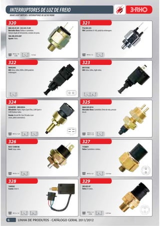320                                                   321
000.545.01.09 - 345.545.72.09                         T16.945.525
Mercedes-Benz: Ônibus e caminhões.                    VW: Caminhões 8-140, pedal da embreagem.
Câmara dupla de fechamento, contatos de prata.
506.300.2018.007
Agrale: Todos.




      M10 x 1,0
                                   4.5 bar                   M18 x 1,5
       CON.



322                                                   323
90492444                                              09175185
GM: Astra, Zafira 2000 a 2004 pedal de                GM: Astra, Zafira, Agile todos.
embreagem.




324                                                   325
CA540709 - MR228924                                   A664.545.8514
Mitsubishi: Pajero, Pajero Sport Flex, L200 Sport e   Mercedes-Benz: Caminhões (freio de mão, pressão
L200 Outdoor todos.                                   do ar).
Honda: Accord 98, Civic 94 todos (com
cruise, piloto automático).




                                                              M14 x 1,5
      M10 x 1,25                                              M27 x 1,0




326                                                   327
XC45-13480-BA                                         1136651
Ford: Cargo, todos.                                   Volvo: Caminhões e ônibus.




      M18 x 1,5                                              M10 x 1,0                  0.35 bar




328                                                   329
1369263                                               203.825.07
Scania: Série 4.                                      Volvo: Ar todos.




                                                             M16 x 1,5
      M12 x 1,0                                                                         4.20 bar
                                                              CON.



6             LINHA DE PRODUTOS · CATÁLOGO GERAL 2011/2012
 