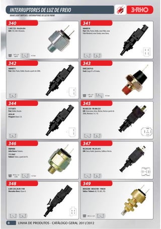 340                                                   341
1.997.725 - 94.624.834                                46840510
GM: C10, C60 e Veraneio.                              Fiat: Stilo, Punto, Doblo, novo Palio, novo
                                                      Palio Weekend, nova Strada, novo Siena.




       1/8” x 27
                                   4.5 bar
         NPTF



342                                                   343
46840511                                              E6HZ.2A574.A
Fiat: Stilo, Punto, Doblo, Ducato a partir de 2006.   Ford: Cargo 91 a 95 todos.




                                                             1/8” x 27
                                                                                         4.5 bar
                                                               NPTF



344                                                   345
51713873                                              90.460.326 - 90.460.325
Fiat: Doblo, Ducato.                                  GM: Corsa novo, Astra, Meriva, Vectra a partir de
4534.49                                               2006, Montana 1.4, 1.8.
Peugeot: Boxer 2.8.




346                                                   347
DQ09686                                               90.244.648 - 90.243.815
John Deere: Tratores.                                 GM: Corsa, Kadet, Ipanema, Calibra e Vectra.
711.9267
Valmet: Trator, a partir de 93.




       M10 x 1,0
                                    4.5 bar
        CON.



348                                                   349
A.001.545.20.09.1100                                  80442200 - 80542100 - 190630
Mercedes-Benz: Classe A.                              Valtra / Valmet: 68, 78, 685, 785.




                                                             M12 x 1,25



8              LINHA DE PRODUTOS · CATÁLOGO GERAL 2011/2012
 