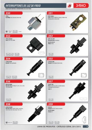 350                                                         351
17013                                                       E9LY-13480-A
Ford Willys: Aero, Itamarati, Rural e Jipe.                 Ford: F1000 Gas MWM 4x4, Maxion, F4000 93/98,
                                                            Mustang todos, Landau todos.




       1/8” x 27
                                    4.5 bar
         NPTF



352                                                         353
F87B-13780-AB                                               A001.545.2409
Ford: F250, F350, F4000.                                    Mercedes-Benz: Caminhões.
                                                            884.503.760-35
                                                            Wabco: Freios.




354                                                         355
77.00.414.988                                               77.00.414.986
Renault: Todos quadripolar.                                 Renault: Todos bipolar, Master todos.




356                                                         357
A634.545.0009                                               1J0.927.189
Mercedes-Benz: OF 0500, 715, 915, 1214, 1214C,              VW: Gol, Golf, Fox, todos os modelos bipolar,
1723, Acelo 2006.                                           embreagem do Gol Geração 3.
                                                            Audi: A3.




358                                                         359
A.696.545.0009                                              4534.40
Mercedes-Benz: Sprinter, ônibus, caminhões,                 Peugeot: 206, 307, todos os modelos.
1214, 1218, 1614, 1618, 1620, 1718, 1723.                   96.434.788.80
                                                            Citroen: C3.




       M12 x 1,0



                                                 LINHA DE PRODUTOS · CATÁLOGO GERAL 2011/2012               9
 