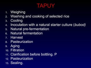 TAPUY
1. Weighing
2. Washing and cooking of selected rice
3. Cooling
4. Inoculation with a natural starter culture (bubod)
5. Natural pre-fermentation
6. Natural fermentation
7. Harvest
8. Pasteurization
9. Aging
10. Filtration
11. Clarification before bottling. P
12. Pasteurization
13. Sealing.
 
