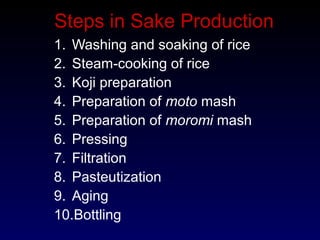 Steps in Sake Production
1. Washing and soaking of rice
2. Steam-cooking of rice
3. Koji preparation
4. Preparation of moto mash
5. Preparation of moromi mash
6. Pressing
7. Filtration
8. Pasteutization
9. Aging
10.Bottling
 