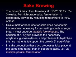 Sake Brewing
• The moromi mash then ferments at ~15-20 °C for 2–
3 weeks. For high-grade sake, fermentation is
deliberately slowed by reducing temperature to 10°C
or less.
• Unlike malt for beer, rice for sake does not contain
the amylase necessary for converting starch to sugar;
thus, it must undergo multiple fermentation. The
addition of A. oryzae provides the necessary
amylases, glucoamylases, and proteases to hydrolyze
the rice nutrients to support the growth S. cerevisiae.
• In sake production these two processes take place at
the same time rather than in separate steps, i.e., via
multiple parallel fermentation.
 