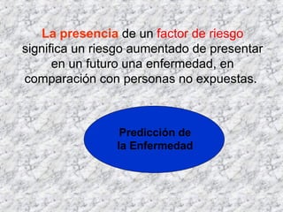La presencia de un factor de riesgo
significa un riesgo aumentado de presentar
en un futuro una enfermedad, en
comparación con personas no expuestas.
Predicción de
la Enfermedad
 