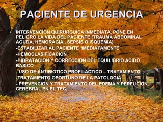PACIENTE DE URGENCIA INTERVENCION QUIRURGUICA INMEDIATA, PONE EN PELIGRO LA VIDA DEL PACIENTE (TRAUMA ABDOMINAL AGUDA, HEMORAGIA , SEPSIS O ISQUEMIA) -ESTABILIZAR AL PACIENTE  IMEDIATAMENTE -HEMOCLASIFICACION -HIDRATACION Y CORRECCION DEL EQUILIBRIO ACIDO  BASICO  - USO DE ANTIBIOTICO PROFILACTICO – TRATAMIENTO  -TRATAMIENTO OPORTUNO DE LA PATOLOGIA  - PREVENCION Y TRATAMIENTO DEL EDEMA Y PERFUCION  CEREBRAL EN EL TEC.  