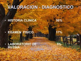 VALORACION - DIAGNOSTICO HISTORIA CLINICA  EXAMEN  FISICO LABORATORIO DE RUTINA  56% 17% 5% 