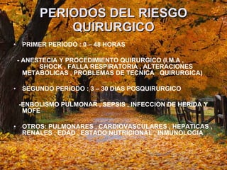 PERIODOS DEL RIESGO QUIRURGICO PRIMER PERIODO : 0 – 48 HORAS  - ANESTECIA Y PROCEDIMIENTO QUIRURGICO (I.M.A ,  SHOCK , FALLA RESPIRATORIA , ALTERACIONES METABOLICAS , PROBLEMAS DE TECNICA  QUIRURGICA) SEGUNDO PERIODO : 3 – 30 DIAS POSQUIRURGICO  -ENBOLISMO PULMONAR , SEPSIS , INFECCION DE HERIDA Y MOFE  OTROS: PULMONARES , CARDIOVASCULARES , HEPATICAS , RENALES , EDAD , ESTADO NUTRICIONAL , INMUNOLOGIA  