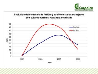 Evolución del contenido de fosfóro y azufre en suelos manejados
con cultivos y pastos. Altillanura colmbiana
0
5
10
15
20
25
30
35
40
45
50
2002 2003 2005 2008
Año
ppm
Fósforo
Azufre
 