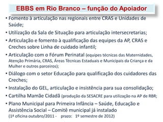 EBBS em Rio Branco – função do Apoiador
• Fomento à articulação nas regionais entre CRAS e Unidades de
  Saúde;
• Utilização da Sala de Situação para articulação intersecretarias;
• Articulação e fomento à qualificação das equipes da AP, CRAS e
  Creches sobre Linha de cuidado infantil;
• Articulação com o Fórum Perinatal (equipes técnicas das Maternidades,
 Atenção Primária, CRAS, Áreas Técnicas Estaduais e Municipais da Criança e da
 Mulher e outros parceiros);
• Diálogo com o setor Educação para qualificação dos cuidadores das
  Creches;
• Instalação do GEL, articulação e insistência para sua consolidação;
• Cartilha Mamãe Cidadã (produção da SESACRE para utilização na AP de RBR;
• Plano Municipal para Primeira Infância – Saúde, Educação e
  Assistência Social – Comitê municipal já instalado
 (1ª oficina outubro/2011 - prazo: 1º semestre de 2012)
 
