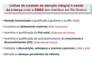 Linhas de cuidado da atenção integral à saúde
   da criança onde a EBBS tem interface em Rio Branco


• Atenção humanizada e qualificada à gestante e ao RN; (PQM)
• Incentivo ao aleitamento materno; (Rede Amamenta)
• Incentivo e qualificação do Pré-natal; (Caderneta da Criança)
• Incentivo e qualificação do acompanhamento do crescimento e
  desenvolvimento (CD); (Caderneta da Criança)
• Combate à desnutrição, sobrepeso e anemias carenciais; (PNSF e VitA)
• Atenção às doenças prevalentes da infância;
 