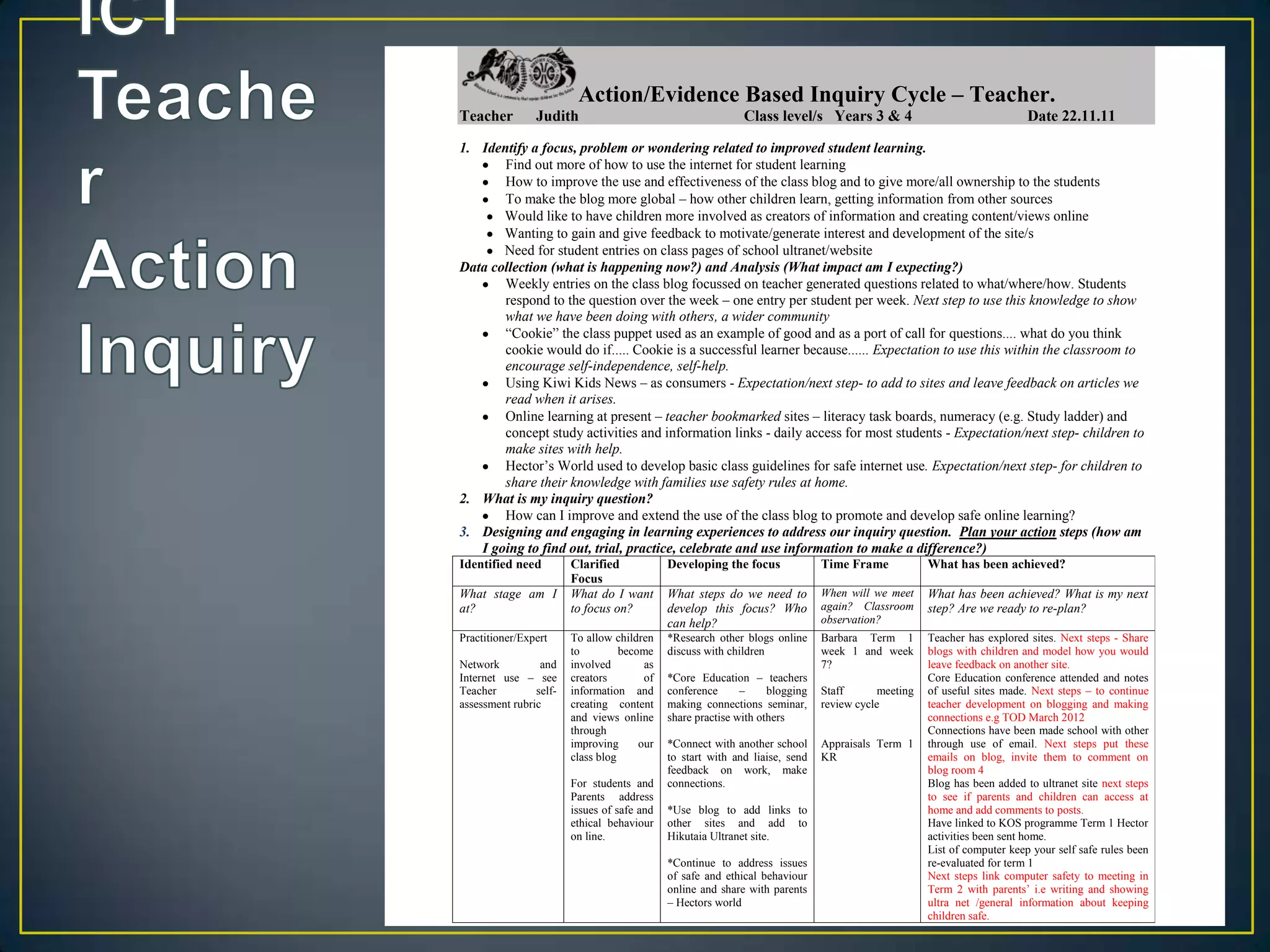 Action/Evidence Based Inquiry Cycle – Teacher.
Teacher         Judith                                       Class level/s Years 3 & 4                                  Date 22.11.11

1. Identify a focus, problem or wondering related to improved student learning.
       Find out more of how to use the internet for student learning
       How to improve the use and effectiveness of the class blog and to give more/all ownership to the students
       To make the blog more global – how other children learn, getting information from other sources
       Would like to have children more involved as creators of information and creating content/views online
       Wanting to gain and give feedback to motivate/generate interest and development of the site/s
       Need for student entries on class pages of school ultranet/website
Data collection (what is happening now?) and Analysis (What impact am I expecting?)
       Weekly entries on the class blog focussed on teacher generated questions related to what/where/how. Students
       respond to the question over the week – one entry per student per week. Next step to use this knowledge to show
       what we have been doing with others, a wider community
       “Cookie” the class puppet used as an example of good and as a port of call for questions.... what do you think
       cookie would do if..... Cookie is a successful learner because...... Expectation to use this within the classroom to
       encourage self-independence, self-help.
       Using Kiwi Kids News – as consumers - Expectation/next step- to add to sites and leave feedback on articles we
       read when it arises.
       Online learning at present – teacher bookmarked sites – literacy task boards, numeracy (e.g. Study ladder) and
       concept study activities and information links - daily access for most students - Expectation/next step- children to
       make sites with help.
       Hector’s World used to develop basic class guidelines for safe internet use. Expectation/next step- for children to
       share their knowledge with families use safety rules at home.
2. What is my inquiry question?
       How can I improve and extend the use of the class blog to promote and develop safe online learning?
3. Designing and engaging in learning experiences to address our inquiry question. Plan your action steps (how am
   I going to find out, trial, practice, celebrate and use information to make a difference?)
Identified need         Clarified            Developing the focus             Time Frame           What has been achieved?
                        Focus
What stage am I         What do I want       What steps do we need to         When will we meet    What has been achieved? What is my next
at?                     to focus on?         develop this focus? Who          again? Classroom     step? Are we ready to re-plan?
                                             can help?                        observation?
Practitioner/Expert     To allow children    *Research other blogs online     Barbara Term 1       Teacher has explored sites. Next steps - Share
                        to         become    discuss with children            week 1 and week      blogs with children and model how you would
Network          and    involved        as                                    7?                   leave feedback on another site.
Internet use – see      creators        of   *Core Education – teachers                            Core Education conference attended and notes
Teacher         self-   information and      conference      –     blogging   Staff      meeting   of useful sites made. Next steps – to continue
assessment rubric       creating content     making connections seminar,      review cycle         teacher development on blogging and making
                        and views online     share practise with others                            connections e.g TOD March 2012
                        through                                                                    Connections have been made school with other
                        improving      our   *Connect with another school     Appraisals Term 1    through use of email. Next steps put these
                        class blog           to start with and liaise, send   KR                   emails on blog, invite them to comment on
                                             feedback on work, make                                blog room 4
                        For students and     connections.                                          Blog has been added to ultranet site next steps
                        Parents address                                                            to see if parents and children can access at
                        issues of safe and   *Use blog to add links to                             home and add comments to posts.
                        ethical behaviour    other sites and add to                                Have linked to KOS programme Term 1 Hector
                        on line.             Hikutaia Ultranet site.                               activities been sent home.
                                                                                                   List of computer keep your self safe rules been
                                             *Continue to address issues                           re-evaluated for term 1
                                             of safe and ethical behaviour                         Next steps link computer safety to meeting in
                                             online and share with parents                         Term 2 with parents’ i.e writing and showing
                                             – Hectors world                                       ultra net /general information about keeping
                                                                                                   children safe.
 