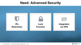 15 | Codemotion 2016 | Karina Popova, whatever mobile GmbH | 2016
Need: Advanced Security
Lock
Function
Integration
via VP...