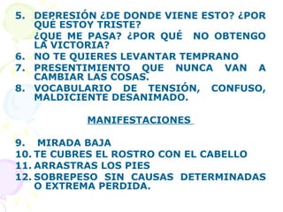 5. DEPRESIÓN ¿DE DONDE VIENE ESTO? ¿POR
QUÉ ESTOY TRISTE?
¿QUE ME PASA? ¿POR QUÉ NO OBTENGO
LA VICTORIA?
6. NO TE QUIERES LEVANTAR TEMPRANO
7. PRESENTIMIENTO QUE NUNCA VAN A
CAMBIAR LAS COSAS.
8. VOCABULARIO DE TENSIÓN, CONFUSO,
MALDICIENTE DESANIMADO.
MANIFESTACIONES
9. MIRADA BAJA
10. TE CUBRES EL ROSTRO CON EL CABELLO
11. ARRASTRAS LOS PIES
12. SOBREPESO SIN CAUSAS DETERMINADAS
O EXTREMA PERDIDA.
 