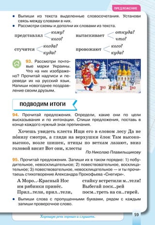 Хорошую речь хорошо и слушать. 59
ПРЕДЛОЖЕНИЕ
zz Выпиши из текста выделенные словосочетания. Установи
связь между словами в них.
zz Рассмотри схемы и дополни их словами из текста.
	 93. Рассмотри почто-
вые марки Украины.
Что на них изображе-
но?  Прочитай надписи и пе-
реведи их на русский язык.
Напиши новогоднее поздрав-
ление своим друзьям.
94. Прочитай предложения. Определи, какие они по цели
высказывания и по интонации. Спиши предложения, поставь в
конце каждого нужный знак препинания.
Хочешь увидеть клеста Ищи его в еловом лесу Да не
понизу смотри, а гляди на верхушки ёлок Там высоко-
высоко, возле шишек, птицы по веткам лазают, вниз
головой висят Вот они, клесты
По Николаю Плавильщикову
95. Прочитай предложения. Запиши их в таком порядке: 1) побу-
дительное, невосклицательное; 2) повествовательное, восклица-
тельное; 3) повествовательное, невосклицательное — и ты прочи-
таешь стихотворение Александра Прокофьева «Снегири».
А Моро..-Красный Нос
им рябинки принёс.
Прил..тели, прил..тели,	
стайку встретили м..тели!
Выбегай поск..рей
посм..треть на сн..гирей.
zz Выпиши слова с пропущенными буквами, рядом с каждым
запиши проверочное слово.
представлял
кому?
кого?
вытаскивает
откуда?
что?
провожают
кого?
куда?
стучится
когда?
куда?
Подводим итоги
 