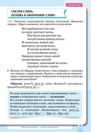 Грамоте учиться — всегда пригодится. 71
СОСТАВ СЛОВА
сос тав
слова
.
Основа
и
о
кончание
слова
115. Прочитай стихотворение Натальи Ключкиной «Весенние
падежи». Обрати внимание, как изменяется слово весна.
			
Всё пробудилось ото сна:
по миру шествует весна.
Как будто расцветаем мы,
почувствовав приход весны.
И захотелось выйти мне
навстречу молодой весне.
В листве зелёной утону
и в этом обвиню весну.
Природа дышит лишь одной
неповторимою весной.
Скворец, присевший на сосне,
горланит песни о весне.
	Выпиши по образцу слово весна с теми словами, с которыми
оно связано в предложении. Выдели в слове весна неизменя-
емую и изменяемую части. Изменяется ли значение слова при
изменении окончания?
Образец: (что?) весн  а (что делает?) шествует;
приход (чего?) весн  ы ; ...
В слове выделяются две части: неизменяемая часть —
основа и изменяемая часть — окончание.
По основе определяется значение слова. Окончание
не изменяет значение слова, оно изменяет его форму.
Чтобы выделить окончание, надо изменить слово.
Основа и окончание обозначаются так: весн  а ,
весн  е , весн  ой ; друг  , друг  у , друг  ом.
 