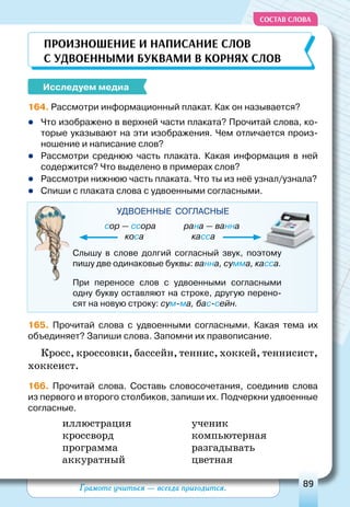 Грамоте учиться — всегда пригодится. 89
СОСТАВ СЛОВА
Произношение
и
написание
слов
с
удвоенны
ми
бу
квами
в
корнях
слов
Исследуем медиа
164. Рассмотри информационный плакат. Как он называется?
	Что изображено в верхней части плаката? Прочитай слова, ко-
торые указывают на эти изображения. Чем отличается произ-
ношение и написание слов?
	Рассмотри среднюю часть плаката. Какая информация в ней
содержится? Что выделено в примерах слов?
	Рассмотри нижнюю часть плаката. Что ты из неё узнал/узнала?
	Спиши с плаката слова с удвоенными согласными.
удвоенн
ыЕ СОГЛАСНЫЕ
Слышу в слове долгий согласный звук, поэтому
пишу две одинаковые буквы: ванна, сумма, касса.
При переносе слов с удвоенными согласными
одну букву оставляют на строке, другую перено-
сят на новую строку: сум-ма, бас-сейн.
сор — ссора	 рана — ванна
коса	 касса
165. Прочитай слова с удвоенными согласными. Какая тема их
объединяет? Запиши слова. Запомни их правописание.
Кросс, кроссовки, бассейн, теннис, хоккей, теннисист,
хоккеист.
166. Прочитай слова. Составь словосочетания, соединив слова
из первого и второго столбиков, запиши их. Подчеркни удвоенные
согласные.
иллюстрация
			
ученик
кроссворд			 компьютерная
программа
			
разгадывать
аккуратный			 цветная
 