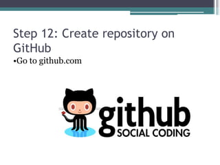 Step 12: Create repository on
GitHub
•Go to github.com
 